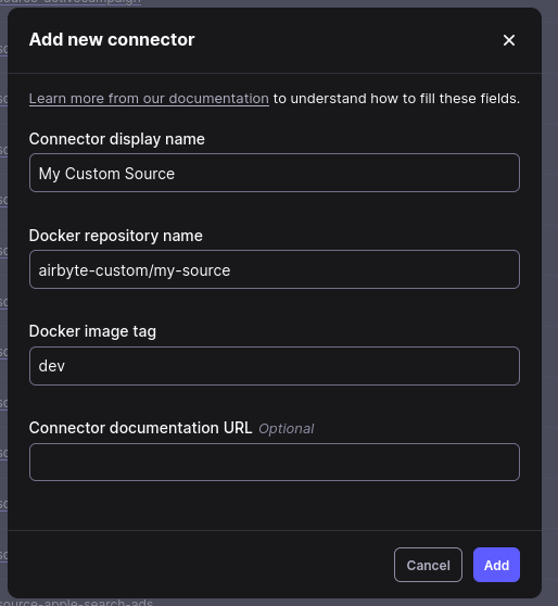 Airbyte New Docker Connector form
